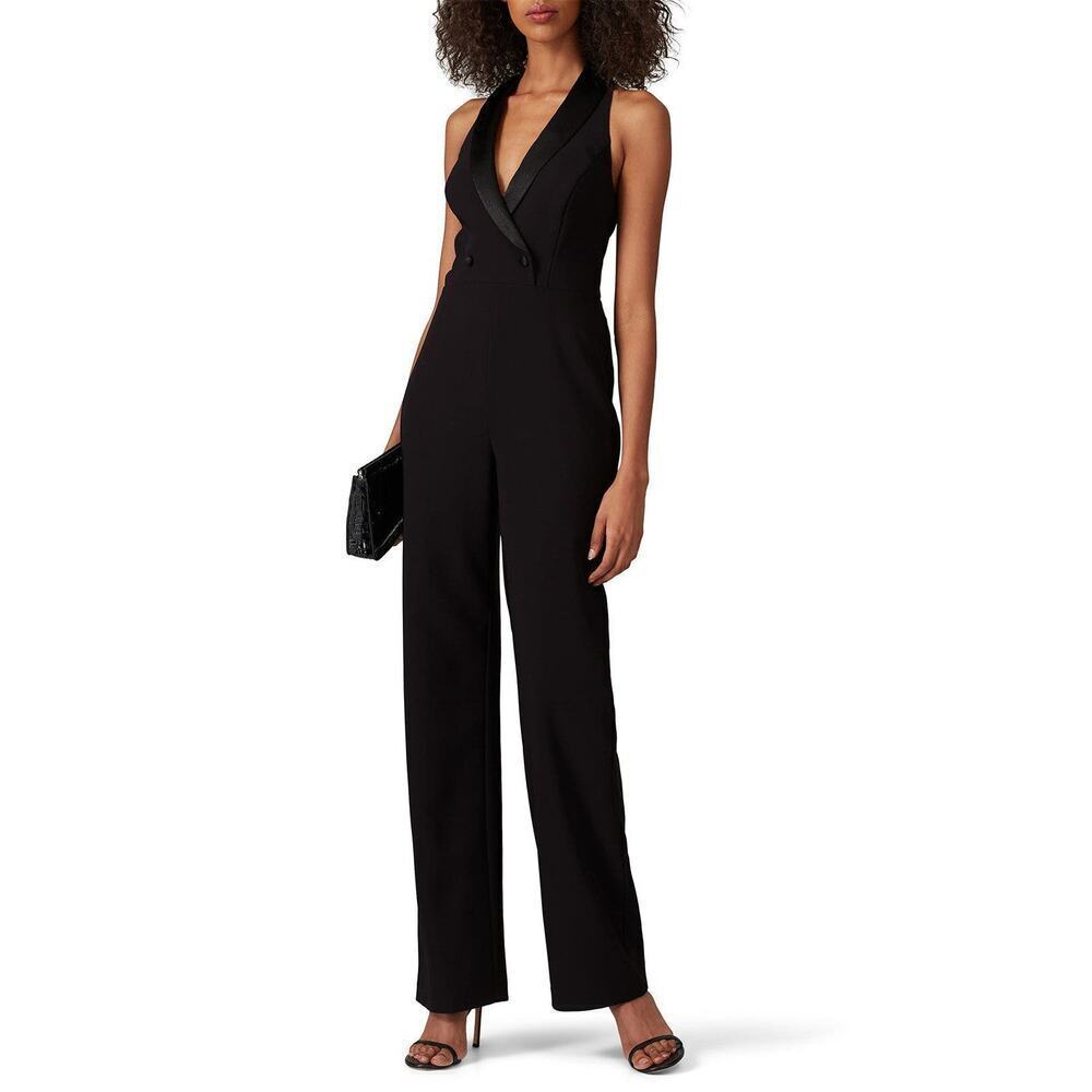 Aidan AIDAN MATTOX Wide Leg Black Crepe Tuxedo Jumpsuit Sleeveless Size 4
